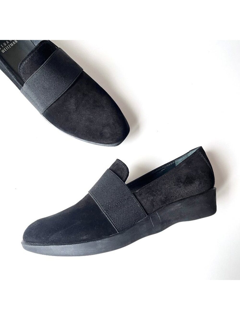 Stuart Weitzman Minimal Black Suede Leather Slip On Wedge Heeled Shoes Size 37